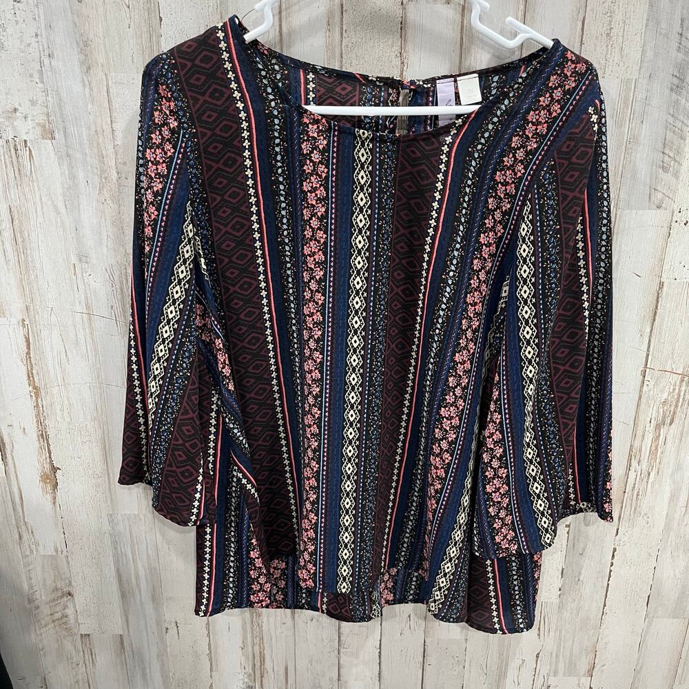 ALYA Womens Multicolor Floral Abstract Top 3/4 sleeve Keyhole Back Sz Medium